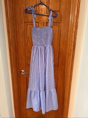 Striped Blue Tie-Shoulder Midi Dress